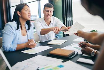 Image showing Meeting, b2b and business people with statistics, paperwork and proposal for contract, motivation and collaboration. Teamwork, men and women at office desk with interview, documents and feedback.