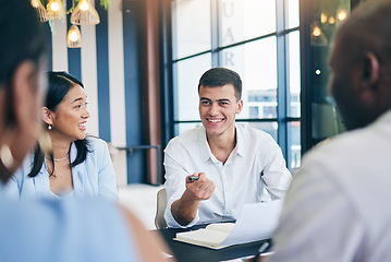 Image showing Meeting, interview and business people with paperwork for training, motivation and collaboration. Teamwork, men and women at office desk with questions, documents and brainstorming at b2b workshop.