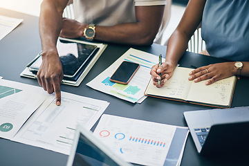 Image showing Above, meeting and business people planning a marketing strategy, report and employees review data in office. Teamwork, project and group in analysis of financial opportunity in Mexico workspace