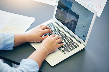 Image showing Laptop, hands and closeup of businesswoman typing working on company website development. Technology, online and professional female web designer doing research on computer for startup in workplace.