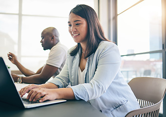 Image showing Business woman, laptop and planning in meeting, website information and agenda, FAQ or marketing research. Professional worker or employees typing on computer for email update or project in workspace