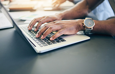 Image showing Business person, hands and laptop for planning, website design and marketing research in office or workspace. Worker, graphic designer or person typing on computer keyboard for social media search