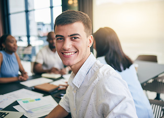 Image showing Portrait, business and man in a meeting, professional and brainstorming with ideas, conversation and feedback. Face, corporate person or agent with teamwork, innovation and conversation for a project