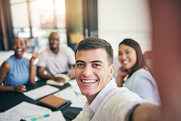 Image showing Selfie, portrait or happy businessman in meeting taking photo to post on social media together. Smile, team building or excited employees with teamwork in a fun profile picture as office friends