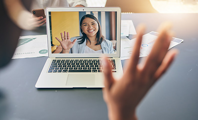 Image showing Laptop screen, video call or happy business people wave hello in office communication, virtual meeting or welcome. Project teamwork, online webinar or professional person networking in web conference