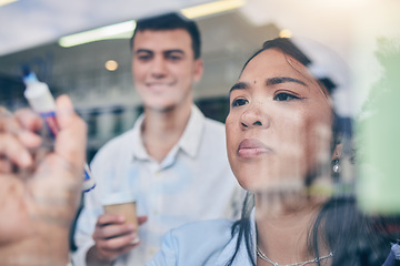 Image showing Window, glass with collaboration and brainstorming, woman is writing, project management and strategy. Ideas, leadership and business people with storyboard, workshop and goals with productivity