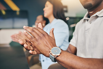 Image showing Hands, applause and presentation, audience and team with meeting, seminar and business people in workplace. Conference, corporate group are clapping and closeup, support and success with community