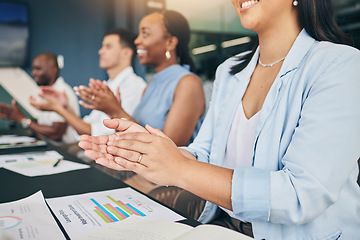 Image showing Business people, hands and applause, presentation and team with strategy meeting, seminar and paperwork. Conference, corporate group are clapping and audience, support and success with analytics