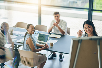 Image showing Team planning, presentation and business people in a meeting for training, conference or brainstorming. Diversity, corporate and employees with a strategy workshop, our vision or teaching together