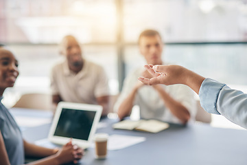 Image showing Speaker, hand or presentation in conference, mentorship or workshop for audience in corporate training. Presenter, manager blur or closeup of speech to business people in seminar for team leadership