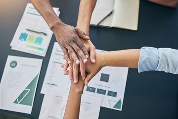 Image showing Hands stack, business people and documents top view, teamwork and planning at startup, office and group. Team building, goals and synergy with link, connection and paperwork for circle in workplace