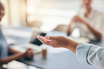 Image showing Speaker, hand or presentation in workshop, mentorship or conference for audience in corporate training. Presenter, manager blur or closeup of speech to a business crowd in seminar for team leadership