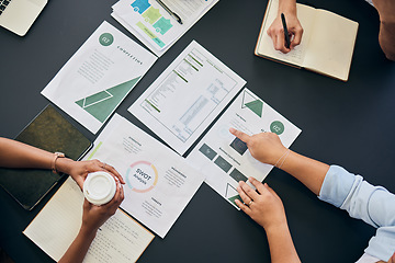 Image showing Above, marketing strategy and business people with a report in meeting and employees brainstorming in office. Teamwork, project and group in analysis of financial opportunity in Mexico workspace