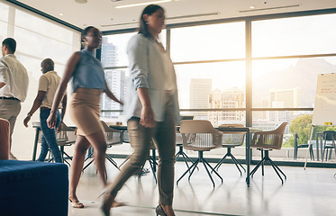 Image showing Busy office, blur and business people in the workplace, in the morning for coworking. Walking, team and a corporate office with employees walking at a company together as a group with fast speed