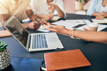 Image showing Meeting, hands of business people with laptop and paperwork for training, motivation and collaboration. Teamwork, men and women at office desk with computer, documents and brainstorming at workshop.