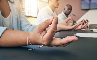 Image showing Yoga, office or hands of business people in meditation for mental health or breathing exercise together. Startup team, wellness closeup or calm employees relax for stress management or zen peace