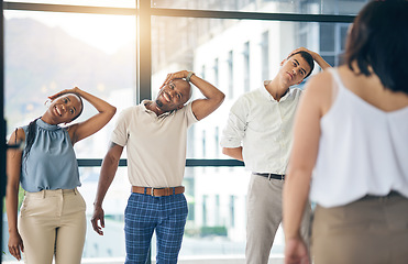 Image showing Exercise, stretching and a group of business people in the office to workout for health or mobility together. Fitness, wellness and training with an employee team in the workplace for a warm up