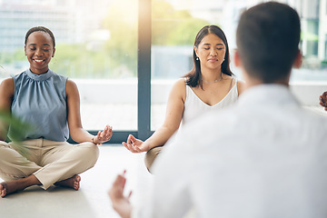 Image showing Office meditation, calm and business people together for wellness and training the mind. Diversity, peace and corporate employees with a spiritual group exercise for company mindfulness and zen