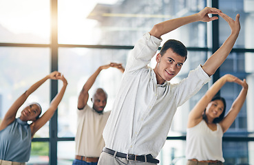 Image showing Team building, stretching and a team of business people in the office to workout for health or mobility together. Exercise, fitness and training with an employee group in the workplace for a warm up