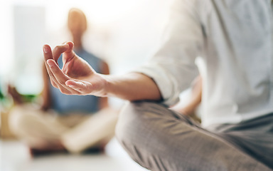 Image showing Yoga, relax or hands of business people in office for mental health, wellness or breathing exercise together. Startup team, mindset closeup or calm employees in lotus pose meditation for zen peace