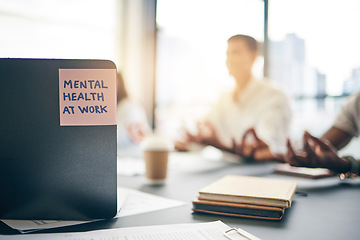 Image showing Note, work and business people with meditation for mental health awareness in the workplace. Yoga, peace and a message for a wellness, spiritual health or calm reminder at a company to meditate