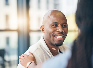 Image showing Support, businessman and woman with hand on shoulder in care, kindness and empathy at work together. Teamwork, gratitude and smile, motivation for happy black man and manager in office collaboration.