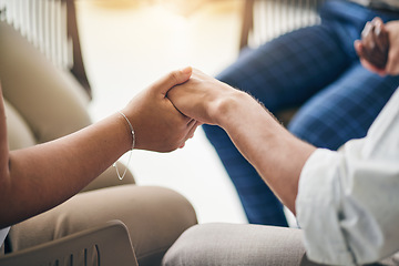 Image showing Holding hands, praying circle and support with business people, team building and faith for mental health. Group, closeup and together for religion, worship and praise with peace, mindfulness or care