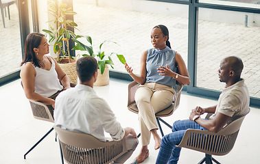 Image showing Business people, counselling and discussion, support circle.and wellness with mental health and diversity. Help, problem solving and team with talking, trust and communication, therapy and psychology