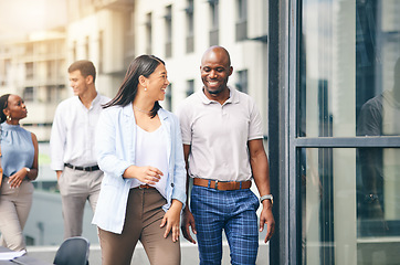 Image showing Happy, employees and walking into work building in Atlanta, city and urban corporate office or commute in the morning. Social, conversation and friends outdoor in communication to relax on break