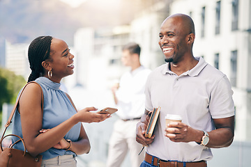 Image showing African, business people and happy friends on coffee break city, town or commute to urban office in the morning with employees. Social, networking and woman outdoor in conversation with entrepreneur
