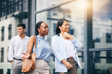 Image showing Happy, friends and walking to work building in Mexico city, urban office and commute in the morning with corporate employees. Social, conversation and women in communication to relax on break