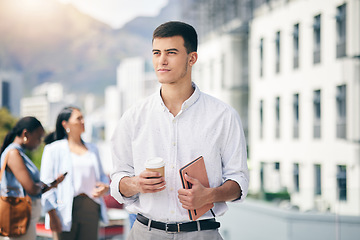 Image showing City, walking and businessman with tablet on coffee break from workplace, building or commute in urban Brazil town. Journalist, writer or professional man outdoor for a walk in street, park or road