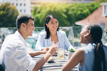 Image showing Conversation, lunch and friends eating on a rooftop of a building on break together at the office. Happy, discussion and business people talking, bonding and enjoying a meal for brunch on the balcony