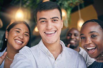 Image showing Employees, selfie and business people with diversity, happiness and profile picture for about us, post or social media. Happy, portrait or group in Colombia office with smile for working together