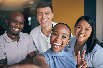 Image showing Work selfie, portrait and business people with a peace sign for office teamwork and company friends. Smile, corporate and diversity with employees taking a photo together for happiness and bonding