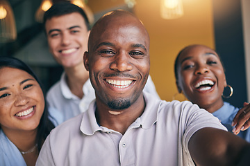 Image showing Employees, selfie and business people with diversity, happiness and profile picture for about us, post or social media. Happy, portrait or group in workplace or office with smile for working together