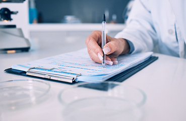 Image showing Science, hand of woman in laboratory and checklist with results, inventory list and pharmaceutical study. Research, medical notes and scientist in lab writing on clipboard, analysis and information.