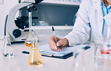 Image showing Science, hands of woman in laboratory and writing on checklist with results, inventory list and pharmaceutical study data. Chemical research, drugs and scientist in lab with clipboard, notes and info