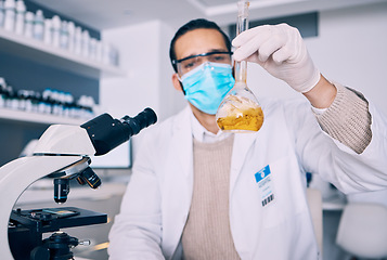 Image showing Chemical inspection, beaker and science man check experiment progress, lab investigation or vaccine development. Chemistry, innovation and male scientist analysis of liquid, drugs solution or biotech