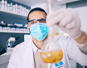 Image showing Beaker chemical, science man and happy for experiment progress, lab investigation success or vaccine development. Chemistry, innovation and face of male scientist with liquid solution breakthrough