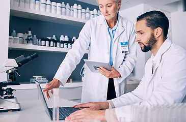 Image showing Scientist, computer and tablet for training, data analysis and laboratory report, mentor advice or pharmaceutical research. Science or medical woman and man with medicine support and digital solution