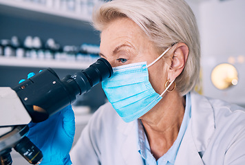 Image showing Mask, research and woman with a microscope, medical and science with experiment, check results and safety. Person, scientist and researcher with lab equipment, face cover and studying virus for cure