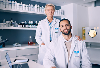 Image showing Portrait, science and a team of doctors in a laboratory for research or innovation in medicine breakthrough. Teamwork, healthcare or medical with a confident man and woman scientist in a hospital lab