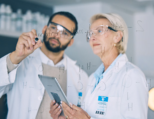 Image showing Tablet, science and a team planning while writing writing on glass in the laboratory for research or innovation. Healthcare, medical and scientist doctors working together in a lab for future study