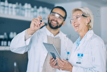 Image showing Tablet, science and research team writing on glass in the laboratory for planning on innovation. Healthcare, medical and scientist doctors in a lab to study a formula together for future development