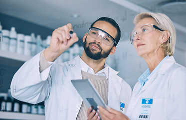 Image showing Tablet, science formula and a team writing on glass in the laboratory for planning on innovation. Healthcare, medical and scientist doctors in a lab to study research together for future development