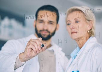 Image showing Hand, science and research team writing on glass in the laboratory for planning or study. Healthcare, medical and scientist doctors in a lab together for formula development of future innovation