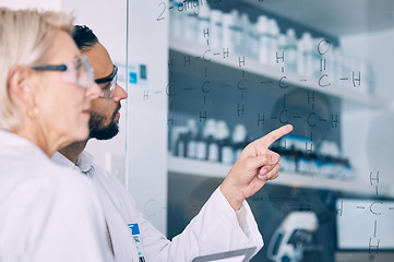 Image showing Research, team and writing glass formula, planning particles and conversation to develop theory, experiment and brainstorming equation. Science, staff and workers in a lab, study and data analyzing