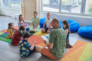 Image showing Reading time in an elementary school or kindergarten, a teacher reading a book to children in an elementary school or kindergarten. The concept of pre-school education. Selective focus