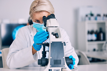 Image showing Microscope, senior woman and science check with vaccine research for a pharmaceutical or medical study. Chemistry, biometric and molecule analytics for particles and virus investigation in a hospital